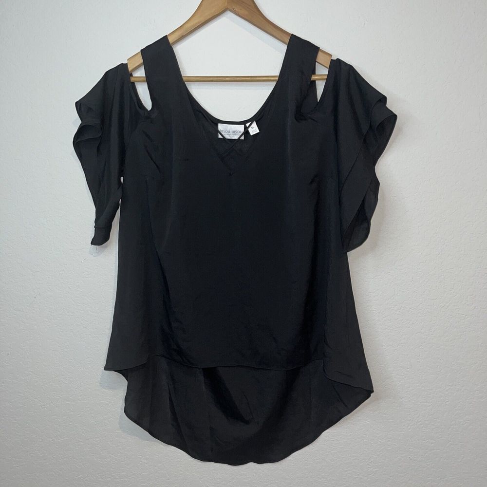 Bisou Bisou Cold Shoulder Layered Tiered Sleeves V Neck Medium Black